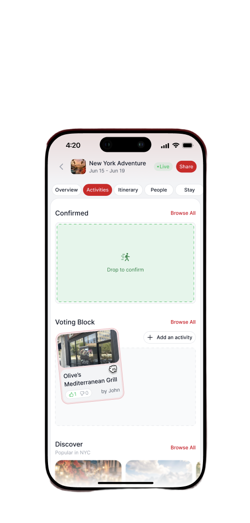 TRYPS activities tab showing the voting block with group suggestions and thumbs-up voting