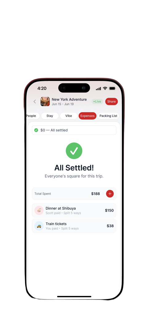 TRYPS expenses tab showing All Settled status with individual expense entries for dinner and train tickets