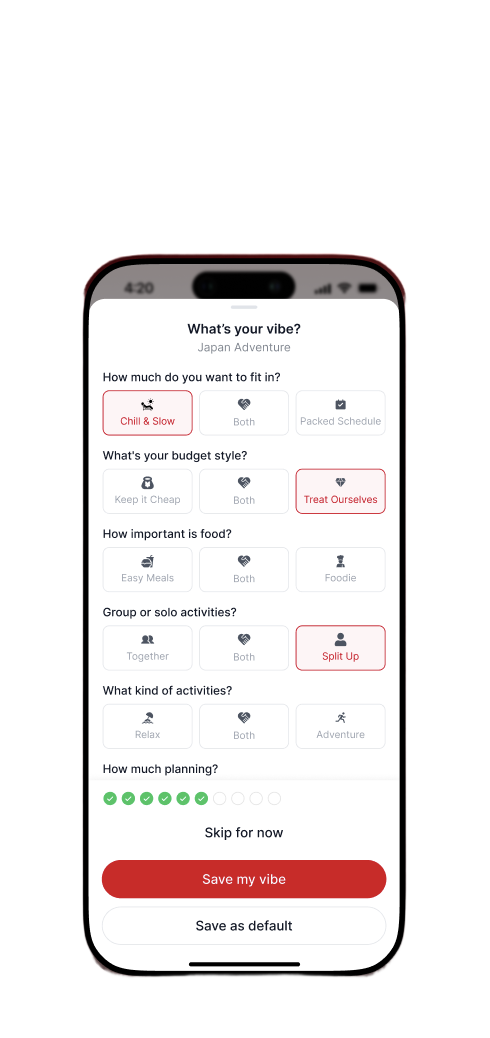 TRYPS vibe questionnaire showing six preference sliders for pace, budget, food, group dynamic, activity type, and planning depth