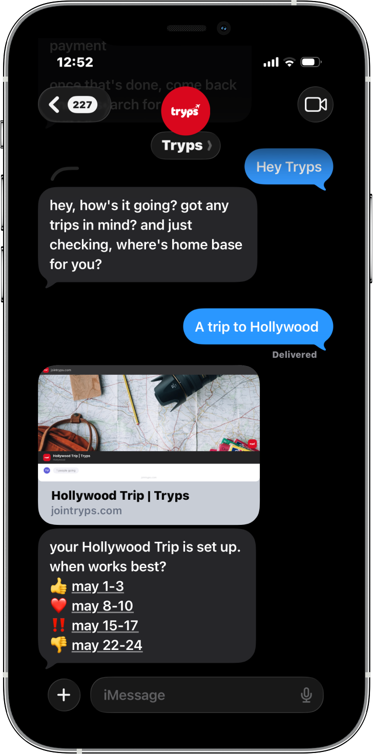 TRYPS in iMessage — user texts Hey Tryps and receives a Hollywood Trip link preview with a May date poll
